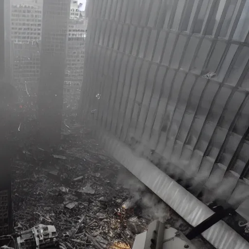 Prompt: view inside the world trade centre as the first plane struck the building, photo from the point of view of a person inside at the point of impact, photo, survivor, realistic, cinematic