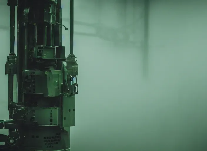 Image similar to close up of an huge machine standing alone in a factory, green ambient light, light fog, creepy, cinematic still, 4k