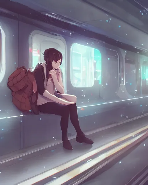 Image similar to a lonely girl sitting on a subway, full shot, ambient lighting, detailed shading, by makoto shinkai, stanley artgerm lau, wlop, rossdraws