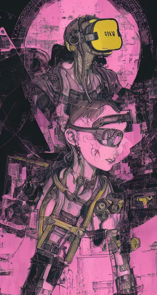 Image similar to full page scan, detailed concept art, Renaissance style, illustration, decay, mathematics and geometry, human, aesthetic, saturated, yellow and pink, vr headset, debased, portrait of a female cyborg cyberpunk gutter punk wearing vr goggles in the style of blame! manga