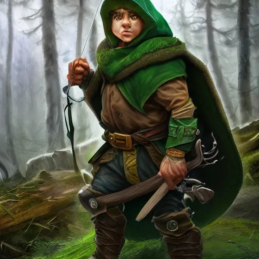 Image similar to a handsome young rugged halfling ranger and a dark green hood and cloak in the forest, adventure gear, realistic, detailed, masterpiece, by Tony Sart, trending on ArtStation