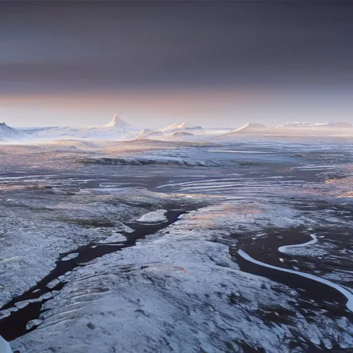 Prompt: a beautiful hyper realistic detailled matte painting of icelandic landscape with icy plains in the foreground and mountains in the background, barometric projection, by andreas rocha john howe, and albert bierstadt and alena, aerial view, view from above, unreal engine, trending on artstation, barometric projection, rectilinear, f 8