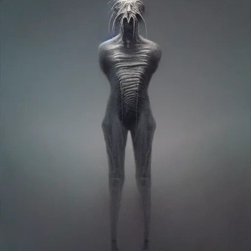 Image similar to Character inspired by Zdzisław Beksiński and H.R Giger and then rendered by Beeple, dark surrealism, full length