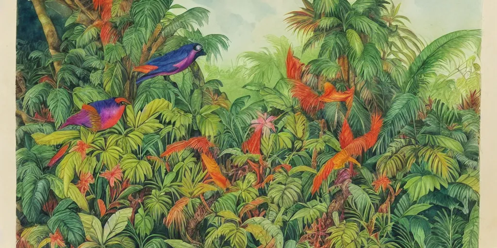 Image similar to watercolour of a tropical scenery of a jungle with multicoloured birds and plants. detailed. beautiful. stunning. high art. h 7 6 8