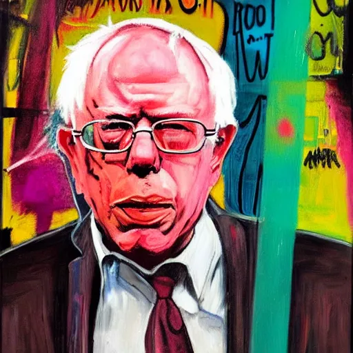 Prompt: bernie sanders like a dream, oil painting, cyberpunk, basquiat + francis bacon, elevated street art, fantasy lut, pink, blue, purple, green,