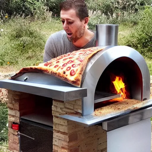 Image similar to shocked man opens pizza oven and discovers a pizza