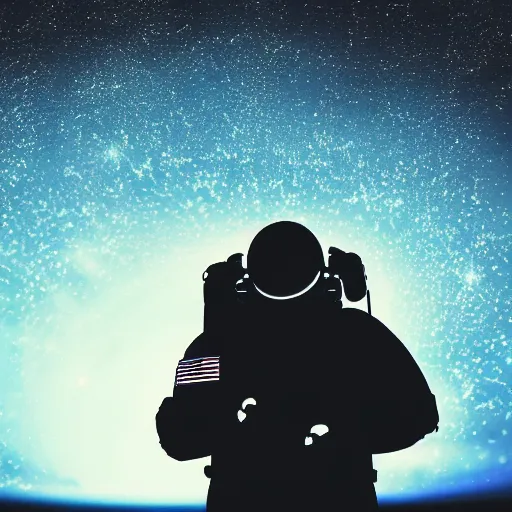 Image similar to astronaut silhouette with arms extended forward, bottom of arms lit by light coming from off camera, light coming from below, starry sky background, lit from below, full body photo,, 8 k