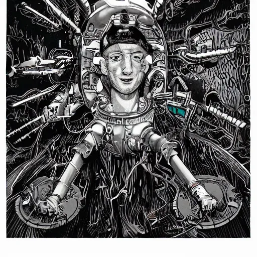 Image similar to the inner self of mark zuckerberg, clockwork engine, psychedelic, lsd, spiritual, mystical, epic beautifully detailed pen, ink and copic markers drawing by milo manara