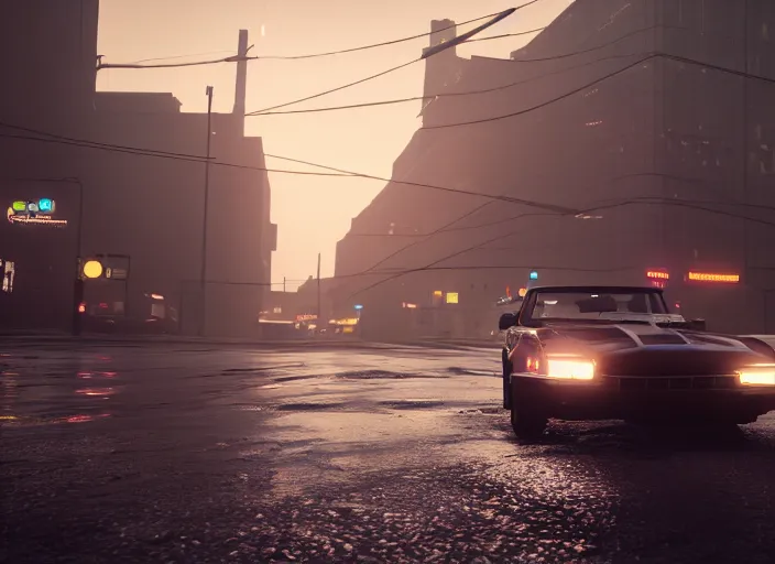 Image similar to gta in moscow, playstation 5 screenshot, mega details, dark night, orange lights, heavy rain, fog, beautiful rtx reflections, brutalism buildings, photorealistic, unreal engine 5, octane render, volumetric light, cg society, 4 k, bokeh, lada car, artstation