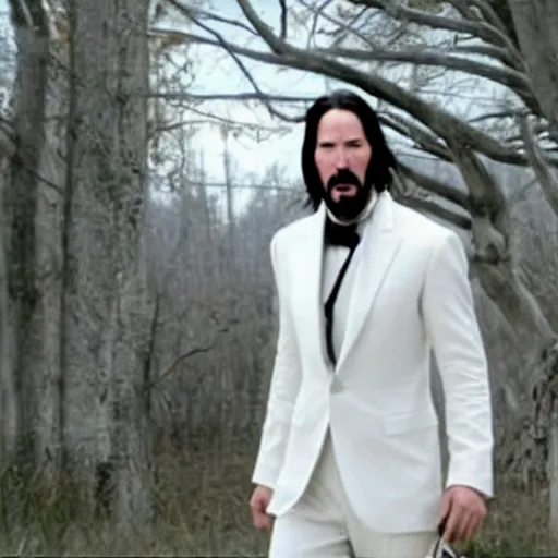 Image similar to A still of Keanu Reeves as President Snow in The Hunger Games (2012), white suit, white hair and beard