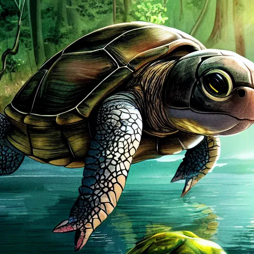 Prompt: a turtle monster fishing in the forest, trending on artstation, 8k, concept art