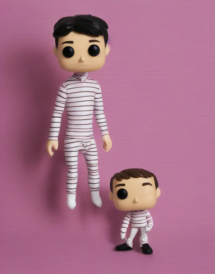 Prompt: singular human in the shape of a Funko Pop posing for a portrait, studio lighting, pink striped wallpaper backdrop, 8k