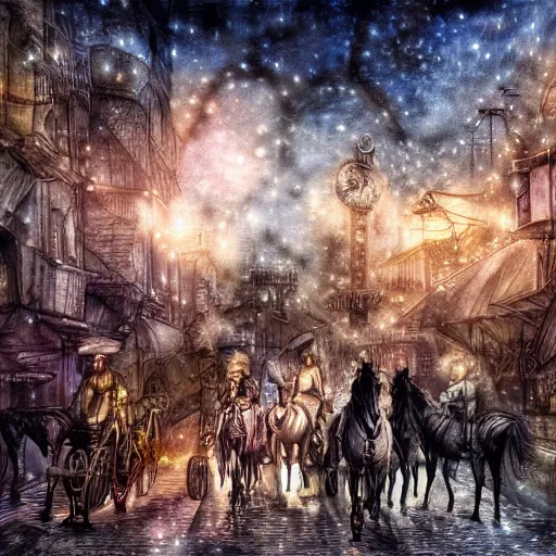 Prompt: horses riding through a steampunk city at night under a dark starred sky, dark fantasy, digital art, watercolor, high detail, dreaming illusion