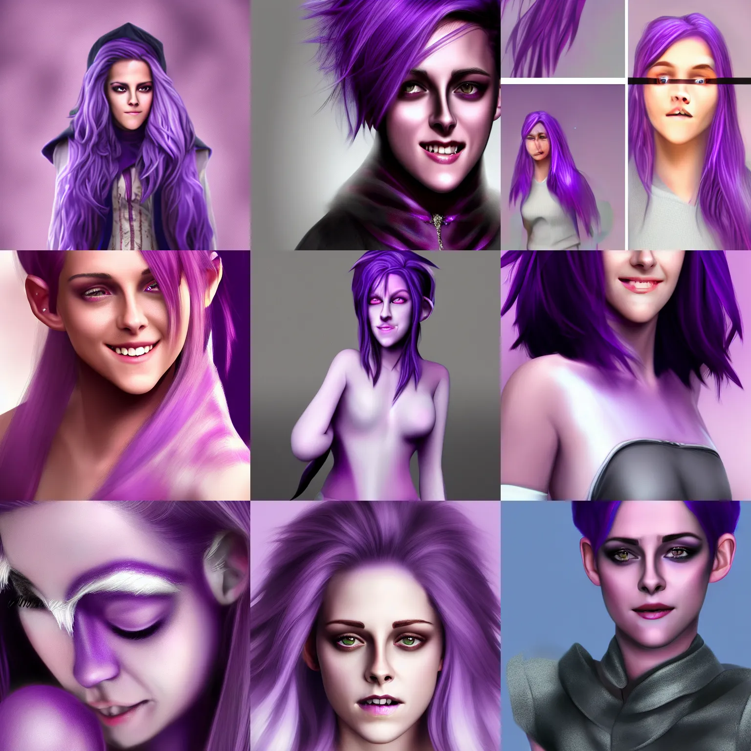 Prompt: Purple skinned Kristen Stewart smiling Elf wizard smooth purple skin!, + purple skin Photorealistic digital art trending on artstation, artgem, white hair 4k HD.