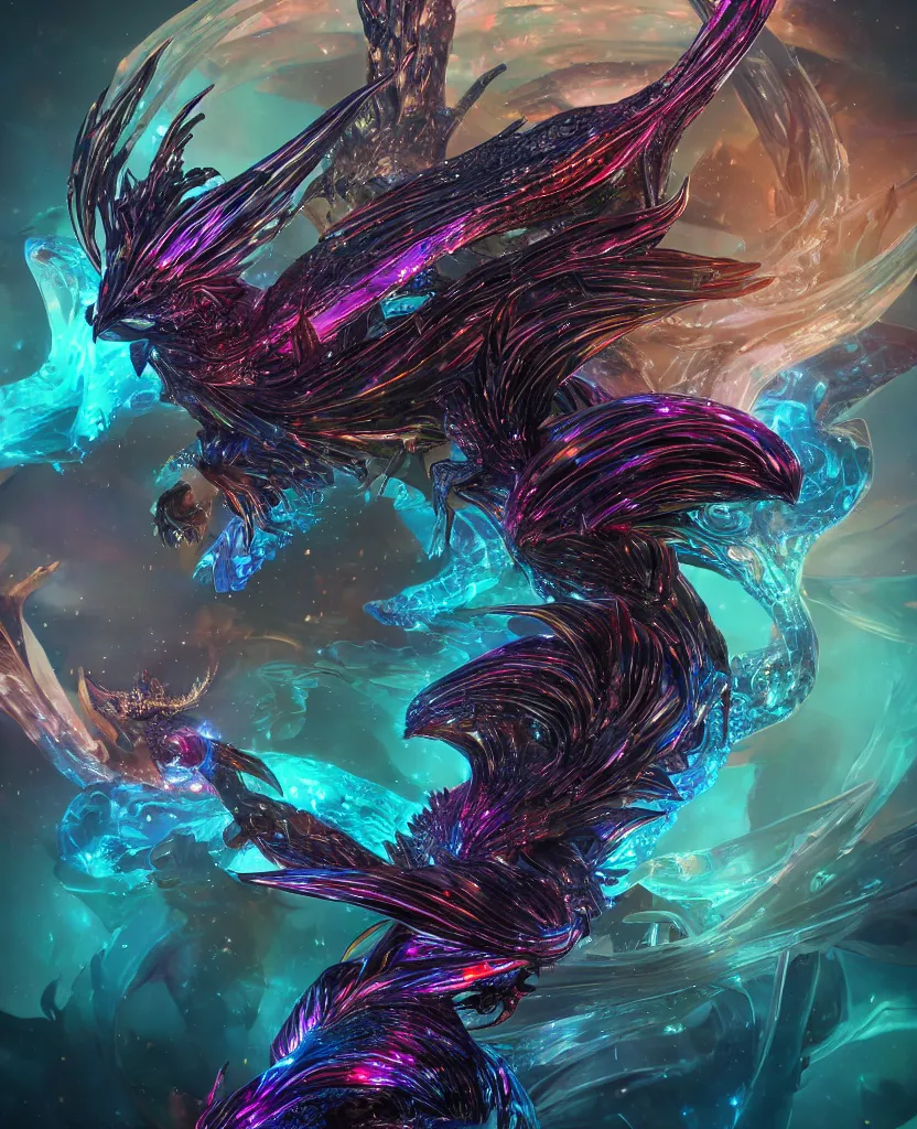 Image similar to close-up macro portrait of the dark queen, epic angle, epic pose, symmetrical artwork, photorealistic, iridescent, 3d with depth of field, blurred background. cybernetic phoenix bird, translucent dragon, nautilus. energy flows of water and fire, by Tooth Wu and wlop and beeple. a highly detailed epic cinematic concept art CG render digital painting artwork scene. By Greg Rutkowski, Ilya Kuvshinov, WLOP, Stanley Artgerm Lau, Ruan Jia and Fenghua Zhong, trending on ArtStation, made in Maya, Blender and Photoshop, octane render, excellent composition, cinematic dystopian brutalist atmosphere, dynamic dramatic cinematic lighting, aesthetic, very inspirational, arthouse