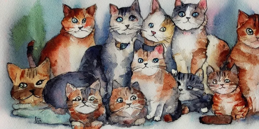 Image similar to watercolor illustration style, cute! cats!!! watch news