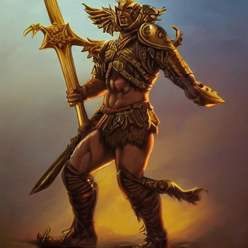 Image similar to perfect warrior with golden plates and a halberd, dnd illustration by boris vallejo and jeff easley and dan mumford, character concept trending on artstation