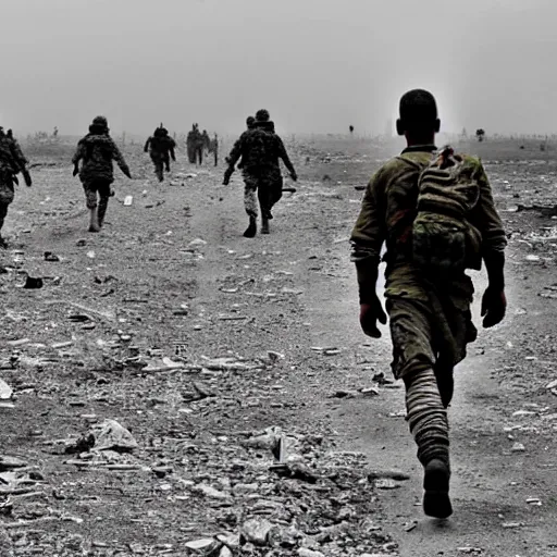 Prompt: walking away from the mess of war