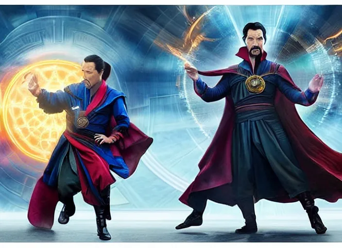 Image similar to dr. strange casting a shield spell in the metaverse with a shiba inu at his feet, hyper realistic, highly detailed, perfect face, smooth, focus, digital art, cinematic