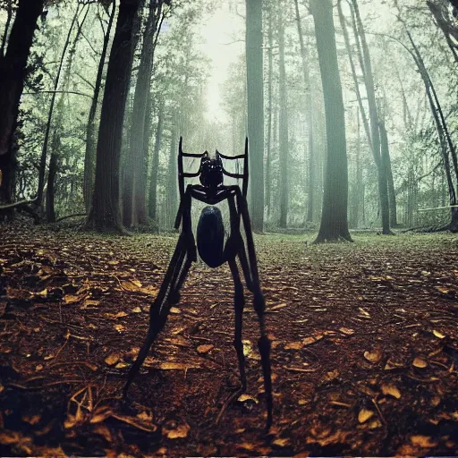 Prompt: a human head with spider legs and no body screaming in the middle of a forest, eerie, dusk, first person, grainy footage,