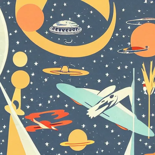 Prompt: A collage of Space Travel, mid-century modern, made of random shapes cut from magazines