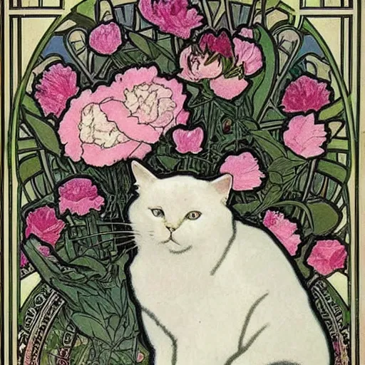 Image similar to white short haired cat, surrounded by peonies, Alphonse mucha, art nouveau, poster art