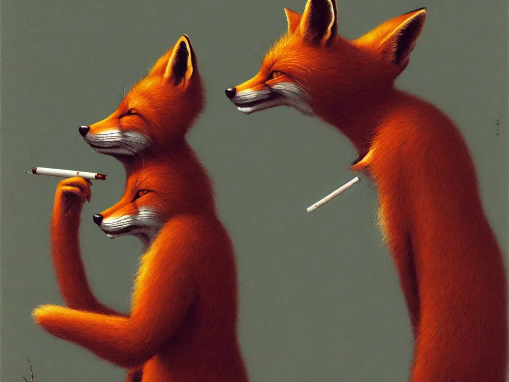 Prompt: an anthropomorphic male red fox fursona smoking a joint, by zdzisław beksinski and greg rutkowski, psychedelic, psychological, surreal, horror, weird, 8 k