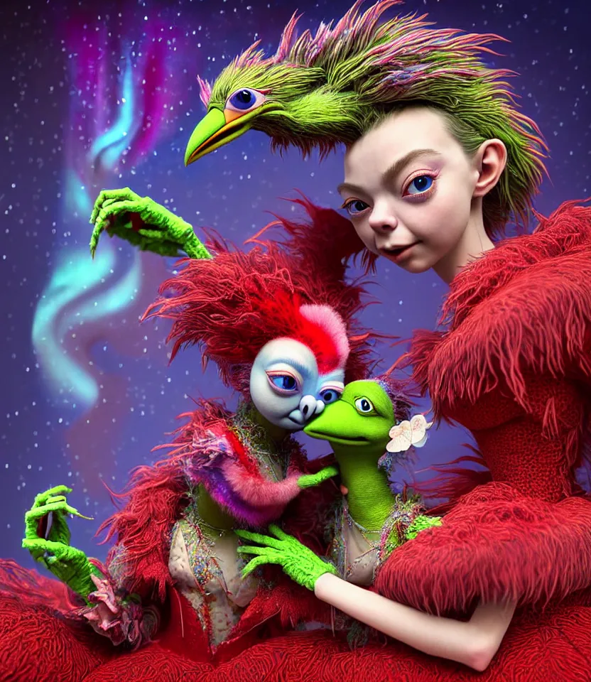 Image similar to hyper detailed 3d render like a Oil painting - kawaii portrait of hopeful lovers hugging tight or kissing pecking adorably Aurora (a beautiful girl skeksis muppet fae princess protective playful expressive acrobatic from dark crystal that looks like Anya Taylor-Joy) seen red carpet photoshoot in UVIVF posing in scaly dress to Eat of the Strangling network of yellowcake aerochrome and milky Fruit and His delicate Hands hold of gossamer polyp blossoms bring iridescent fungal flowers whose spores black the foolish stars by Jacek Yerka, Ilya Kuvshinov, Mariusz Lewandowski, Houdini algorithmic generative render, golen ratio, Abstract brush strokes, Masterpiece, Edward Hopper and James Gilleard, Zdzislaw Beksinski, Mark Ryden, Wolfgang Lettl, hints of Yayoi Kasuma and Dr. Seuss, Grant Wood, octane render, 8k