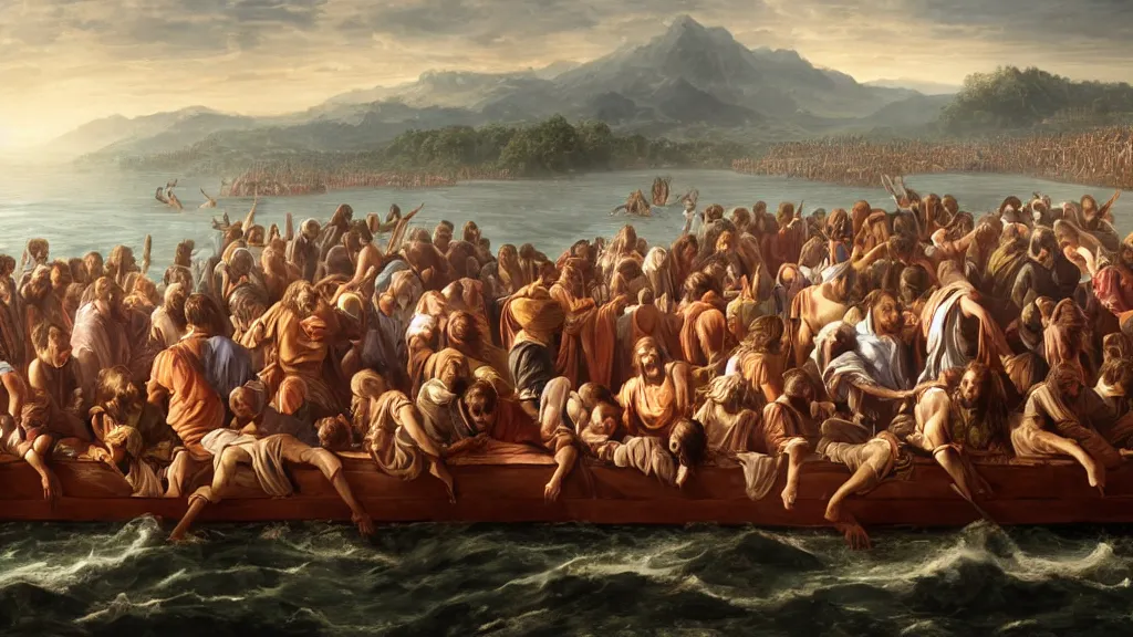 Prompt: a mix between the last supper, the raft of the medusa, sunny morning, matte painting, oil canvas, photorealistic illustration, extreme detail, hyper realistic, highly detailed, digital art