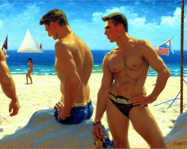 Image similar to top gun beach volleyball scene, cool colors, painting by gaston bussiere, craig mullins, j. c. leyendecker, tom of finland