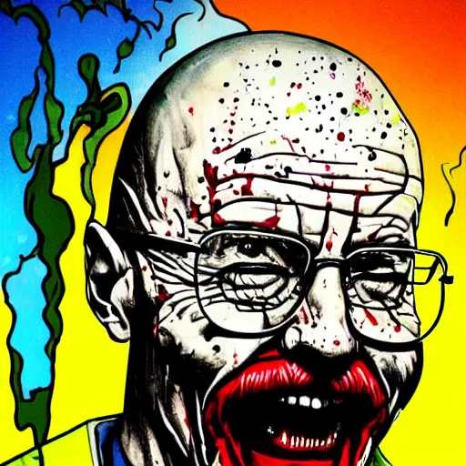 Image similar to die cut sticker, walter white laughing like the joker, splatter paint