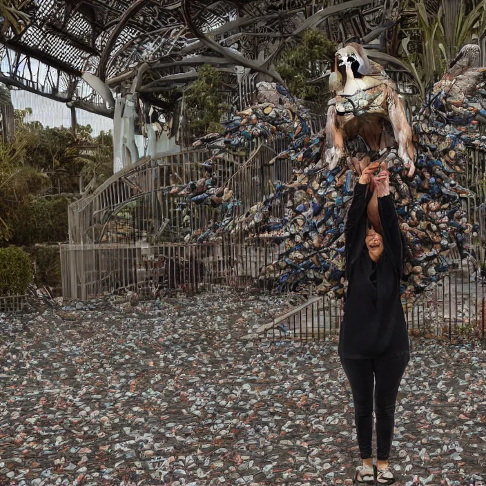 Image similar to a woman wearing a mask made of birds, in an abandoned theme park, by omar z. robles, canon eos c 3 0 0, ƒ 1. 8, 3 5 mm, 8 k, medium - format print