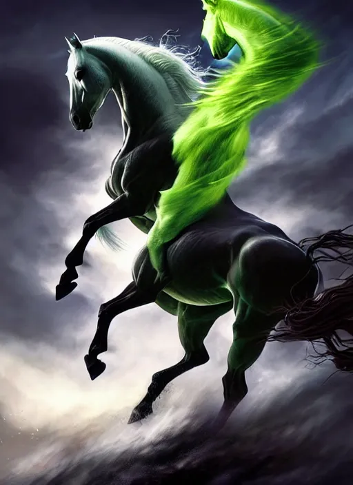 Prompt: the singular horseman of the apocalypse is riding a strong fierce ferocious rabid undead green stallion, horse is up on its hind legs, the strong male rider is death with a scithe, beautiful artwork by artgerm and rutkowski, breathtaking, dramatic, full view