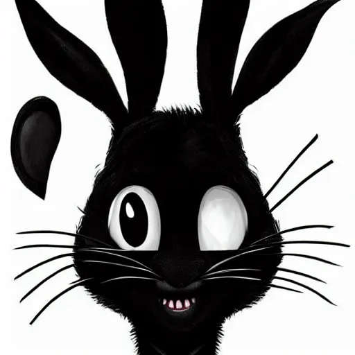 Prompt: A extremely highly detailed majestic hi-res beautiful, highly detailed head and shoulders portrait of a scary terrifying, horrifying, creepy black cartoon rabbit with scary big eyes, earing a shirt laughing, hey buddy, let's be friends, in the art style of Walt Disney