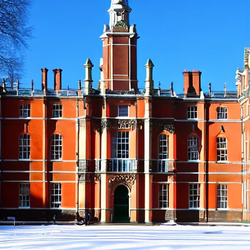 Prompt: Royal Holloway Building, winter