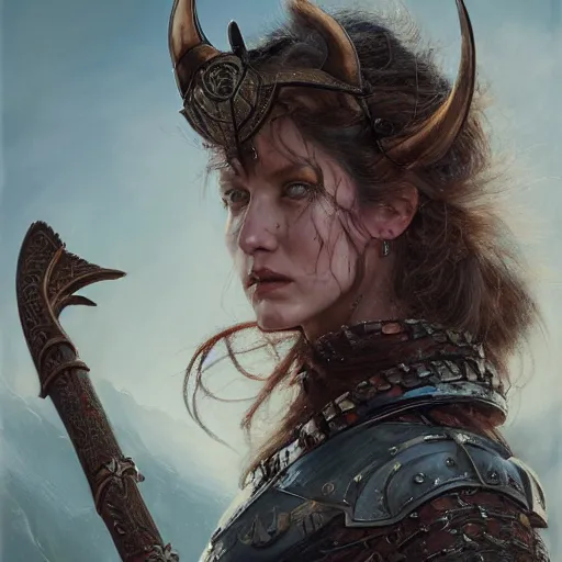 Image similar to Official portrait of a fierce viking woman, highly detailed, cinematic, 8k, 1080s, by Stanley Artgermm, Tom Bagshaw, Greg Rutkowski, Vincent di Fate, Carne Griffiths, Ayami Kojima, trending on DeviantArt, hyper detailed, full of color, digital art,