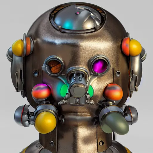 Image similar to a claymodel of a dieselpunk rococo spaced out robot head wearing multicolored tubes, 8 k, front view, symetrical, flourescent colors, halluzinogenic, multicolored, exaggerated detailed, front shot, 3 d render, octane