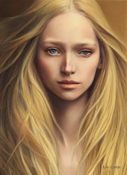 Prompt: a painting of a woman with long blonde hair, a photorealistic painting by magali villeneuve, featured on cgsociety, fantasy art, detailed painting, storybook illustration, photorealistic