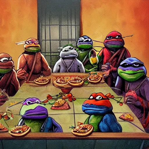 Image similar to ninja turtles last supper, pizza everywhere, painterly