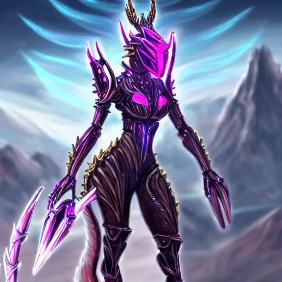 Image similar to extremely detailed fanart of a goddess that's a giant beautiful anthropomorphic robot female dragon, standing majestically over mountains, elegant pose, shiny silver metal armor, fuchsia skin below the armor, sharp metal claws, warframe fanart, high quality digital art, furry art, furaffinity, DeviantArt, 8k HD