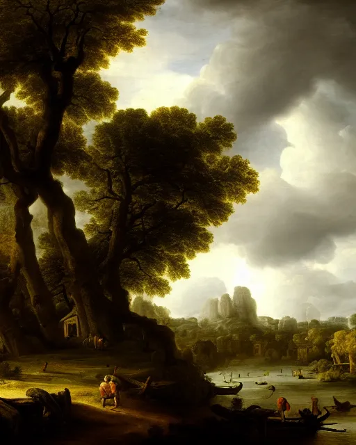 Image similar to reclaimed by nature by jacob van ruisdael, wallpaper, highly detailed, trending on artstation.