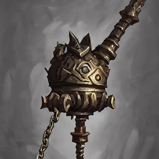 Prompt: chained mace weapon, war chained mace, heavy chained mace, hearthstone weapon art, by greg rutkowski