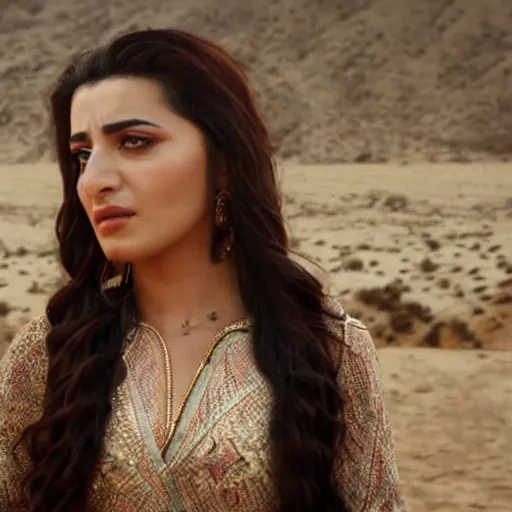 Image similar to close - up of an attractive kurdish singer in a movie directed by christopher nolan, movie still frame, promotional image, imax 7 0 mm footage