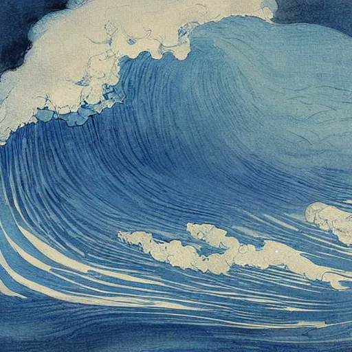 Prompt: an beautiful painting of one single hawaiian wave painted by albrecht durer, monochromatic color scheme, high detail, breathtaking wave, lineart, line art, soft colors, simplicity