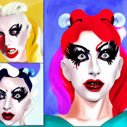 Prompt: Lady Gaga as Harley Quinn, digital painting
