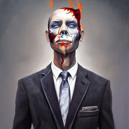 Prompt: a hyper realistic painting of a patient young man in a burning business suit, cloth is burning, full body painting, long shot, coherent symmetrical eyes, calm face, by jeffrey smith, by andrea kowch, by steve henderson, masterpiece, trending on artstation,