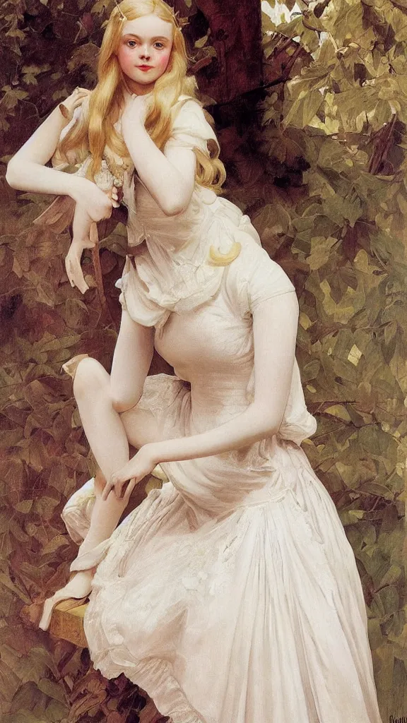 Image similar to Painting of Elle Fanning as a princess, long blonde hair, delicate, pale milky white porcelain skin, by Leyendecker and Norman Rockwell