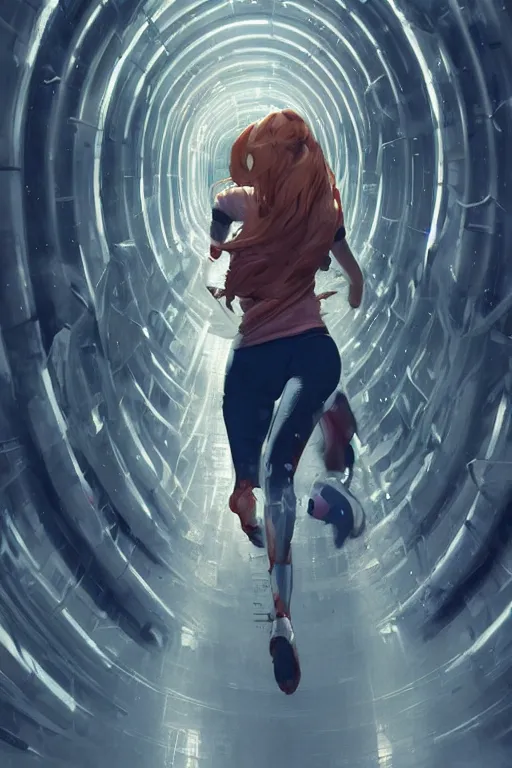 Image similar to cute girl running in hadron collider tunnel, by greg rutkowski and raymond swanland, sharp focus, trending on artstation, cinematic lighting