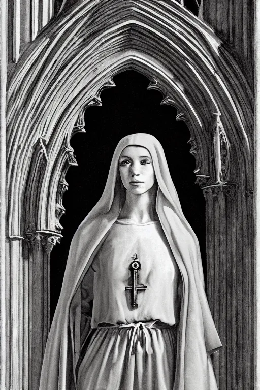 Prompt: hyperrealism portrait of beautiful young medieval female standing in gothic church, gothic, bloodborne, night, highly detailed, pale skin, in style of classicism