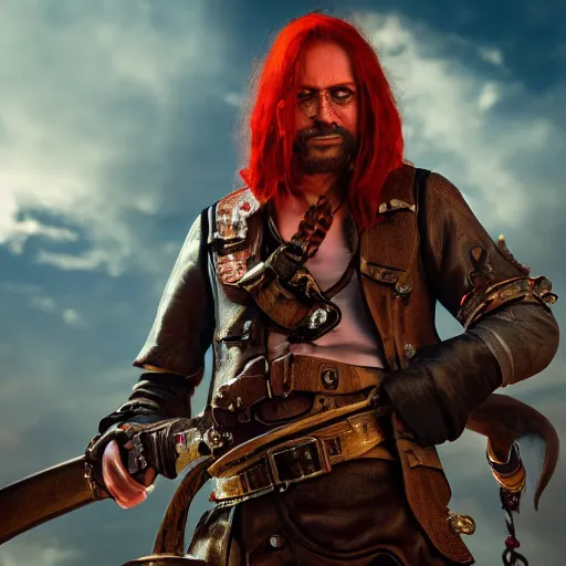 Prompt: A red headed sky-pirate with pistol and sword, epic fantasy, octane render, high detail, fantasy art, portrait